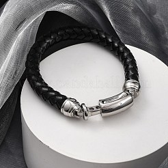 レザー編み込みコードブレスレット  304ステンレススチール留め具付き  ブラック  8-3/4x3/8インチ（22.3x1cm）&nbsp;AJEW-Q003-01A