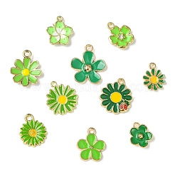 60個10スタイルのゴールドトーン合金エナメルペンダント  花のチャーム  グリーン  13~20.5x11.5~17.5x1~3mm  穴：1.4~2mm  6個/スタイル&nbsp;FIND-CJ0003-48