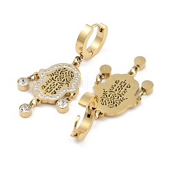 中空ハムサハンド 304 ステンレススチール ダングルイヤリング  女性用ラインストーンフープピアス  18KGP本金メッキ  46x17mm&nbsp;EJEW-L283-079G