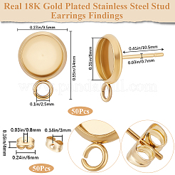 フラットラウンド304ステンレススチールスタッドピアス金具50個  耳ナッツ  18KGP本金メッキ  14x9.5mm  穴：2.5mm  内径：8mm  ピン：10.5x0.7mm  50pc&nbsp;STAS-BBC0005-85B