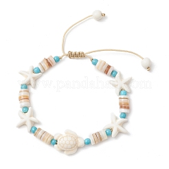 合成ターコイズと天然淡水貝のビーズを編んだ女性用ビーズブレスレット  ウミガメとヒトデ  フローラルホワイト  内径：1-3/4~2-7/8インチ（4.55~7.45cm）&nbsp;BJEW-JB12024-01