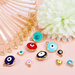 ライトゴールドメッキの合金チャーム  エナメル  ナザールボンジュウ付きフラットラウンド  ミックスカラー  70個/箱&nbsp;sgENAM-SZ0001-37LG