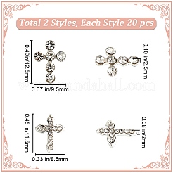 40個 2スタイル 亜鉛合金ラインストーンカボション  ネイルアートの装飾の付属品  クロス  銀  11.5~12.5x8.5~9.5x2~2.5mm  20個/スタイル&nbsp;FIND-CP0002-11