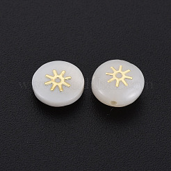 天然淡水シェルビーズ  金メッキ真鍮金属装飾付き  太陽とフラットラウンド  貝殻色  8x4.5mm  穴：0.6mm&nbsp;SHEL-N003-22-10