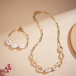 Natural Cowrie Shell Beads Pendant Necklace with Paperclip Chains for Women&nbsp;NJEW-SW00008