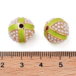 合金エナメルビーズ  ABSの模造パールと  金色。丸い  黄緑  13.5x13.5mm  穴：2mm&nbsp;FIND-E046-11G-01