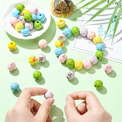 イースターテーマプリント木製ビーズ40個10色  ラウンド  ミックスカラー  14.5~15x15.5~16.5mm  穴：4~4.5mm  4個/カラー&nbsp;WOOD-FS0002-55A