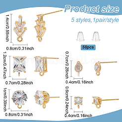 10Pcs 5 Style Brass with Cubic Zirconia Stud Earring Findings&nbsp;DIY-AN0001-14