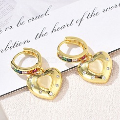 Brass Micro Pave Cubic Zirconia and Cat Eye Beads Heart Hoop Dangle Earrings&nbsp;KK-CBAD9DF-01G-A