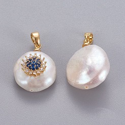 天然養殖淡水パールペンダント  真鍮マイクロパヴェキュービックジルコニアのパーツ  花とナゲット  長持ちメッキ  ゴールドカラー  ブルー  17~27x12~16x6~12mm  穴：4x2.5mm&nbsp;KK-L187-02A