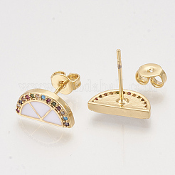 真鍮製キュービックジルコニアスタンドピアス  エナメルとイヤーナッツ  半円/半円  ゴールドカラー  ホワイト  6x12mm  ピン：0.7mm&nbsp;EJEW-S201-172C