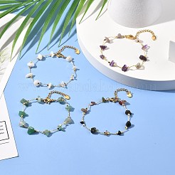 女の子の女性のための天然混合宝石チップビーズブレスレット  真鍮製アズキチェーンブレスレット  ゴールドカラー  6-3/4インチ（17.3cm）&nbsp;BJEW-JB06983