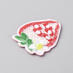 イチゴのコンピューター刺繍布、アイロン接着/縫い付けパッチ  マスクと衣装のアクセサリー  アップリケ  レッド  32x33x1.5mm&nbsp;PATC-WH0003-34A