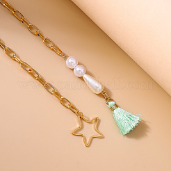 Star Alloy Cable Chain with Plastic Pearl Bead Aquamarine Tassel Waist Belly Chains&nbsp;FS-WG4037F-01