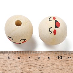 プリントされたシマウッドヨーロピアンビーズ  笑顔の模様で丸い  パパイヤホイップ  28.5x27.5mm  穴：6.5mm&nbsp;WOOD-G023-14F
