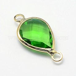 ゴールデントーン真鍮ガラスティアドロップリンクコネクター  緑黄  21x11x5mm  穴：2mm&nbsp;GLAA-J010A-HF11-G