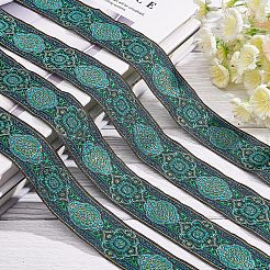 ポリエステルグログランリボン  片面  黒と水色と金の模様  グリーン  1-1/4インチ（33mm）  7 m /ロール&nbsp;OCOR-WH0063-23