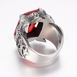 304ステンレススチール指輪  キュービックジルコニアのソリティアリング  長方形  レッド  17~22mm&nbsp;RJEW-G091-26-A