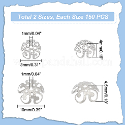 300個 2スタイル 5枚の花びら 304ステンレススチールビーズキャップ  ステンレス鋼色  8x4mmと10x4.5mm  穴：1mm  150個/スタイル&nbsp;STAS-UN0042-43