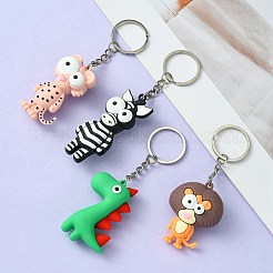 Pvc プラスチック ペンダント キーホルダー  プラチナメッキ鉄スプリットキーリング付き  シマウマ/ヒョウ/ライオン/恐竜  ミックスカラー  10.5~12.6cm&nbsp;KEYC-YW0001-14