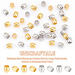 80個 2色 202ステンレススチールヨーロピアンビーズ  バレル  大穴ビーズ  ゴールデン·ステンレス鋼色  6x6mm  穴：4mm  40個/カラー&nbsp;STAS-UN0050-42