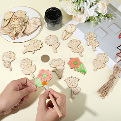 絵画アート用未完成の木製ペンダントセット（花）1セット  焼き絵  室内装飾  ジュートコード付き  モカシン  70~73x32~48x2mm&nbsp;HJEW-SC0002-71