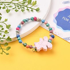 子供用ブレスレット  天然木ビーズストレッチブレスレット  合金スペーサービーズで  クマ  ミックスカラー  内径：2-5/8~2-1/8インチ（5.3~6.7cm）&nbsp;BJEW-JB05677-02