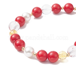 Natural Dyed Mashan Jade & Quartz Crystal Round Beaded Stretch Bracelet with Alloy Enamel Christmas Tree Charms&nbsp;BJEW-TA00266