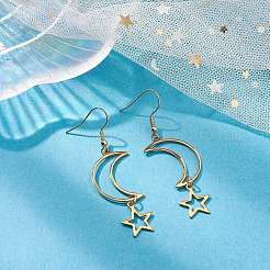 中空の星と月の 304 ステンレススチール ダングルイヤリング  女性用ロングドロップピアス  ゴールドカラー  60~62x17~17.5mm&nbsp;EJEW-JE05311-01