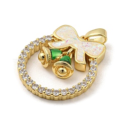 クリスマスブラスマイクロパヴェキュービックジルコニアペンダント  カドミウムフリー＆鉛フリー  エナメルと合成オパール  クリスマスリース  貝殻色  25.5x22.5x5.5mm  穴：5x3mm&nbsp;KK-H468-01A-01G