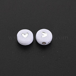 メッキアクリルビーズ  ライン入り  ハート付きフラットラウンド  銀メッキ  6.5~7x3.7mm  穴：1.8mm  約365個/50g&nbsp;X-PACR-R242-02