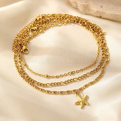 Summer Beach 304 Stainless Steel Starfish Charms 3 Layer Anklets for Women&nbsp;AJEW-F068-01G