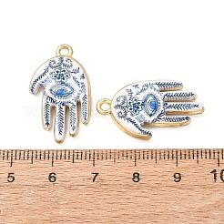 宗教柄の合金製ペンダント  青い花柄のチャームが付いたハムサの手  ラックめっき  カドミウムフリー＆鉛フリー  ゴールドカラー  藤紫色  26.5x15.5x4mm  穴：1.8mm&nbsp;AL-CBA7256-24G-02