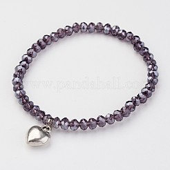 ガラスビーズストレッチブレスレット  合金ハートチャーム付き  ミックスカラー  41mm（1-5/8インチ）&nbsp;X-BJEW-JB02450