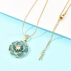 304 Stainless Steel Pave Clear Cubic Zirconia with Enamel Flower Pendant Necklaces&nbsp;NJEW-H088-02G