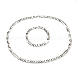 304ステンレススチール製キューバンリンクチェーンブレスレット＆ネックレスジュエリーセット  カニカン付き  ステンレス鋼色  23.62インチ（60cm）  9-1/8インチ（23cm）  リンク：10x8x3mm&nbsp;SJEW-B019-03B-P