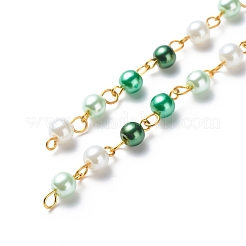 ハンドメイドガラスパールラウンドビーズチェーン  真鍮製アイピン付き  溶接されていない  グリーン  13x6mm  約3.28フィート（1m）/箱&nbsp;AJEW-SZ0002-40D