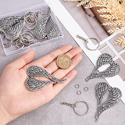 DIYの翼型キーホルダー作りキット  チベットスタイルの合金ペンダントを含む  アイアン製キーリング  アンティークシルバー＆プラチナ  40個/箱&nbsp;DIY-SC0019-07
