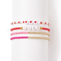 4Pcs 4 Style Heart & Word Kiss Plastic Beaded Stretch Bracelets Set&nbsp;BJEW-JB08699