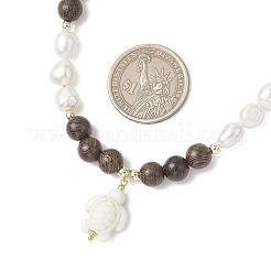 Ocean Dyed Synthetic Turquoise Trutle Pendant 8MM Natural Cultured Freshwater Pearl & Wenge Wood Round Beaded Necklaces for Women&nbsp;NJEW-JN05938