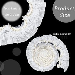 プリーツシフォンフラワーレーストリム  アブソリュートプラスチック模造パールビーズ  ジュエリー作り用ポリエステルリボン  服飾材料  ホワイト  3-3/8インチ（85mm）  約3ヤード/バッグ&nbsp;SRIB-NB0001-08