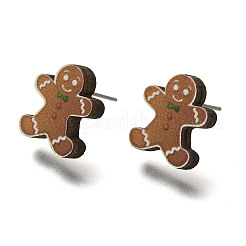 クリスマスプリントの木製スタッドピアス（女性用）  316ステンレスピン付き  プラチナ  14.5x12.5mm  ピン：0.6mm&nbsp;EJEW-U025-01F