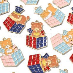 20個4スタイルアロイエナメルペンダント  ゴールドカラー  クマのチャーム付きマジックキューブ  ミックスカラー  33x22x1.5mm  穴：1.8mm  5個/スタイル&nbsp;ENAM-CJ0004-97