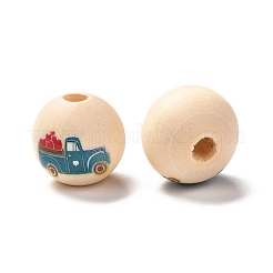 プリントウッドヨーロピアンビーズ  大穴ビーズ  車とハートの模様で丸い  ドジャーブルー  16x15mm  穴：4mm&nbsp;WOOD-F011-08B