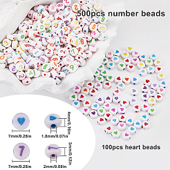 アクリルフラットラウンドビーズ  数字とハートのビーズ  カラフル  7x3~4mm  穴：1.8~2mm&nbsp;SACR-SP0001-05A