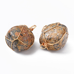 天然ヒョウ肌ジャスパーペンダント  金メッキ真鍮線を巻いたもの  ナゲット  14~25x15~32x13~21mm  穴：4mm&nbsp;G-N332-50-02
