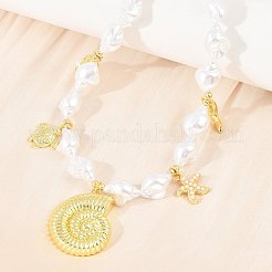Ocean Brass Conch Shell Dolphin Turtle Pendant White ABS Plastic Imitation Keshi Pearl Beaded Necklaces&nbsp;KK-CBA4547-02G