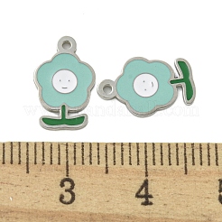304ステンレススチールチャーム  エナメル  笑顔のチャーム付きフラワー  ステンレス鋼色  ターコイズ  13x8x1mm  穴：1mm&nbsp;STAS-L022-435P-04