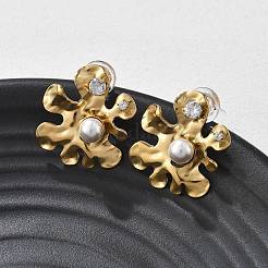 304ステンレススチールクリアキュービックジルコニアスタッドピアス  プラスチック模造パールと  リアル18kグロッドメッキ  花  24.5x22.5mm&nbsp;EJEW-R020-05G-01