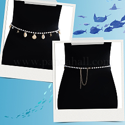 Natural Shell  and Iron Starfish Tassel Imitation Pearl Link Chain Waist Chains for Women&nbsp;AJEW-CP0011-35B